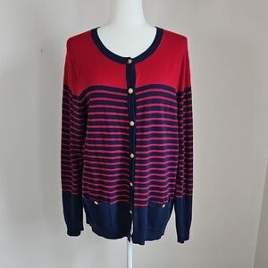 Lands End LG Button Cardigan Striped Navy Red Nautical Supima Cotton Coastal